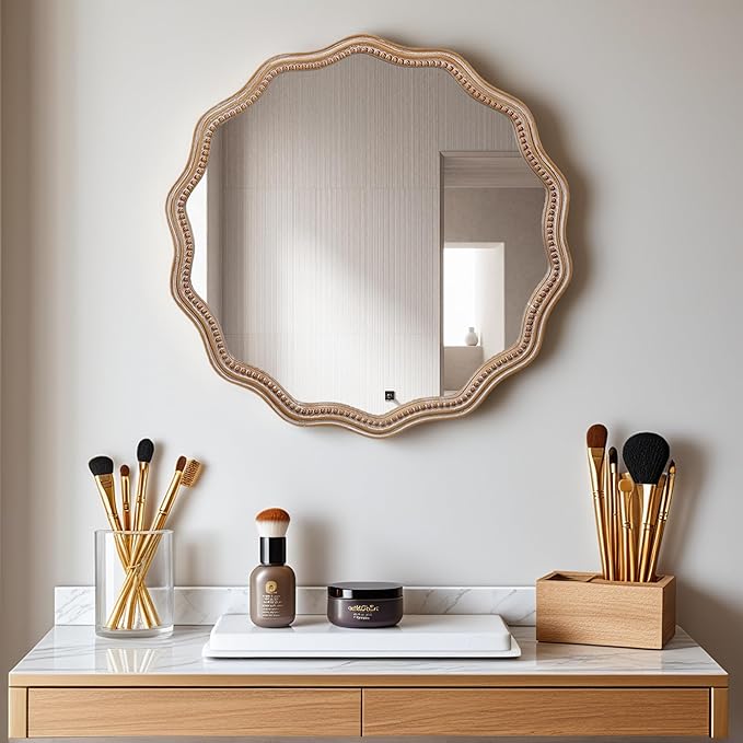 Round Mirror Vanity Mirrors for Bathroom with Wavy Wood & Beaded Frame - Wall Mirrors for Living Room,Entry Mirrors for Wall,Decorative Mirror-HomvellaHome