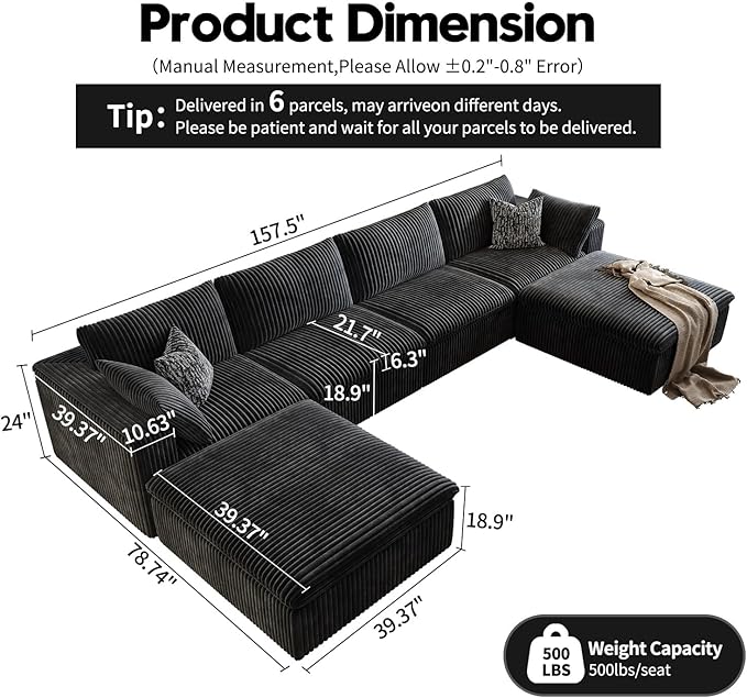157.5" Cloud Couch Oversized Modular Sectional Sofa for Living Room,Modern Sofa with Deep Seat，U-Shape Boneless Couch with 2 Ottoman,Comfy Upholstered Couches for Apartment, Studio, Office,Black-HomvellaHome