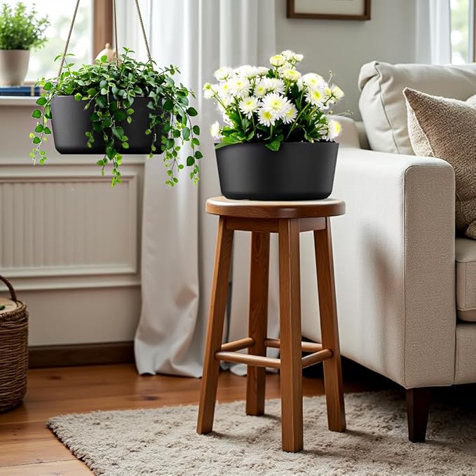 10.7 Inch Hanging Planter for Outdoor Indoor Plants，2 Pack Hanging Flower Pots with Drain Holes for Garden Home Decor Use (Black)-HomvellaHome