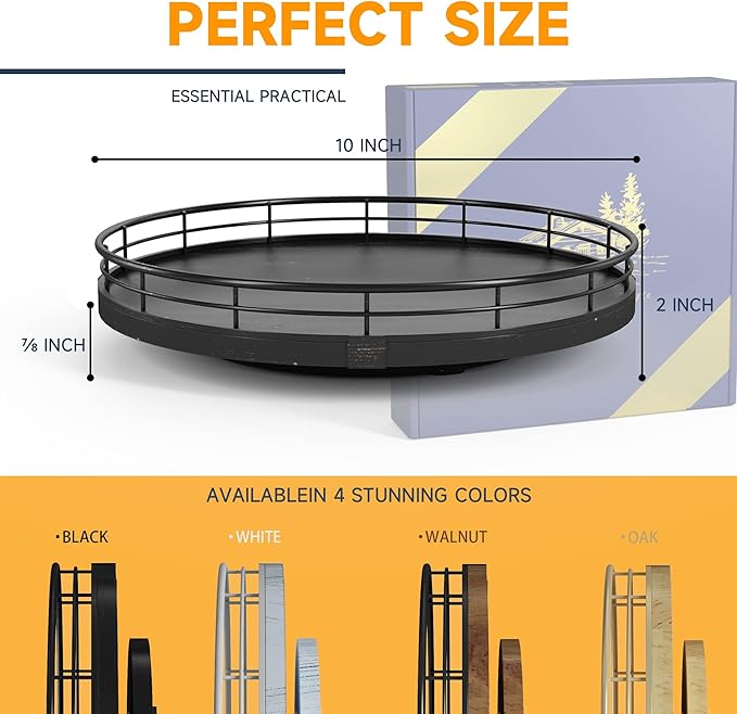 10" Oak Bathroom Vanity Tray Turntable for Perfume Candle, Round Wooden Decorative Tray for Kitchen Sink Countertop Organizer, Bathroom Counter Organizer for Skincare Makeup, Farmhouse Black Gold-HomvellaHome