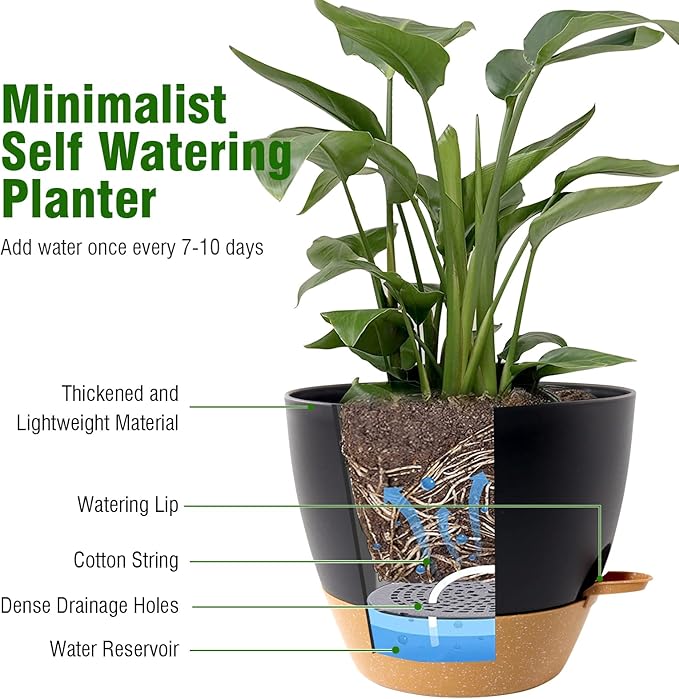 10/9/8 inch Medium Self Watering Pots, Planter, Plant Pots with Mesh Drainage Holes for Indoor Outdoor Garden Plants, Plastic Flower Pots with Removable Deep Reservoir, Black with Brown-HomvellaHome
