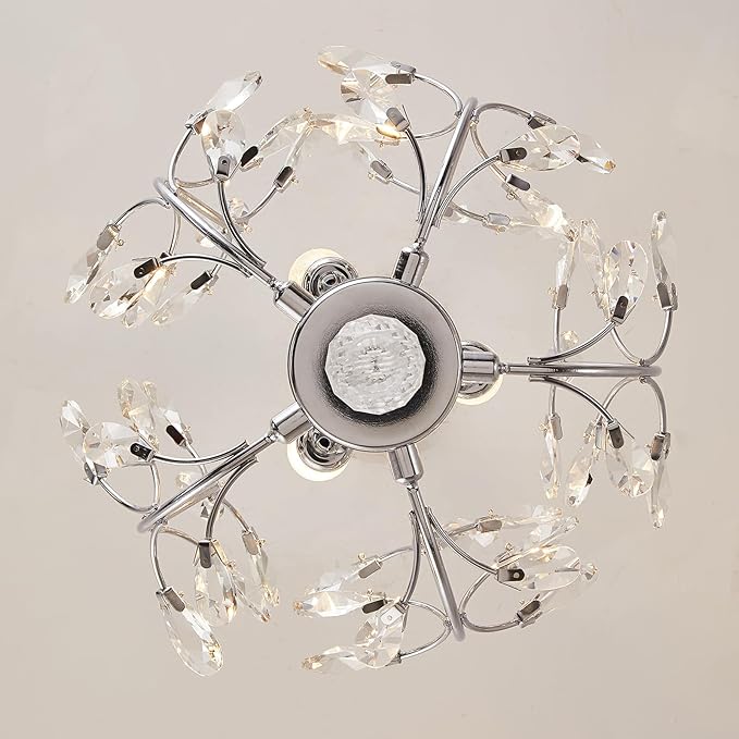 Ganeed 3-Light Branch Crystal Chandelier, Small Flush Mount Vintage Pendant Hanging Lighting, K9 Crystal Farmhouse Ceiling Light for Dining Room Bedroom Living Room Kitchen Hallway, Chrome Silvery-HomvellaHome