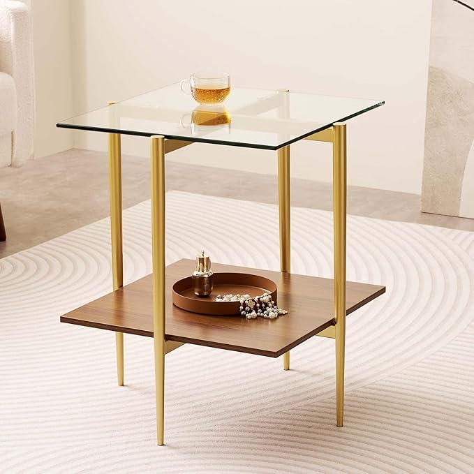 Glass End Table, Mid-Century Modern Design Sofa Table, for Living Room, 2-Tier Structure, Clear Glass Top and Walnut MDF Shelf, Sleek Conical Metal Legs with Gold Finish Frame-HomvellaHome