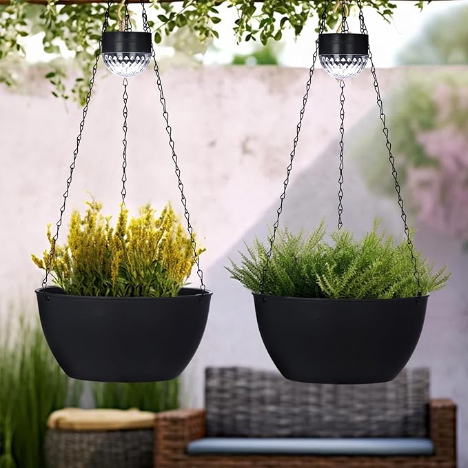 2 Packs Hanging Planters Basket for Outdoor Plants, Solar Powered Self Watering Black Round Plastic Flower Pots with Drainer for Balcony Patio Garden Outdoor Decoration-HomvellaHome