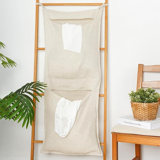 100% Linen Hanging Laundry Bag with 2 Compartments, Over the Door Laundry Hamper, Dirty Clothes Space Saving Organizer 19.7 x 47 Inches, Linen-HomvellaHome