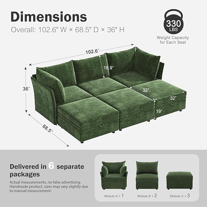 102.6" Luxury Modular Sleeper Sofa Bed 6 Seat Reversible Sectional Couch Deep Seat with Storage Chaises Removable Cover for Living Room, Apartment - Chenille Green-HomvellaHome