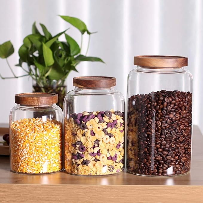 Glass Storage Jars with Airtight Lids, Set of 2 42 FL OZ (1250ml) coffee container with Wooden Lid, Glass Pantry Canister for Beans, Rice, Sugar and etc (6.3 inch high)-HomvellaHome