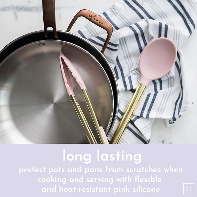Gold and Pink Kitchen Utensil Set with Holder - 7-Piece Cooking Tools with Gold Whisk, Ladle, Tongs, Turner, Spatula, and Spoon - Stylish Pink Kitchen Accessories for Modern Cooking & Serving-HomvellaHome