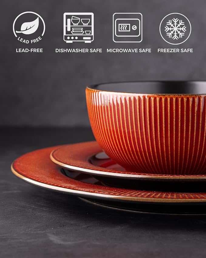 GBHOME Ceramic Dinnerware Sets,12 pcs Embossed Elegant Stoneware Plates and Bowls Sets, Housewarming Wedding Gift | Dishwasher & Microwave Safe | Dishes Set Service for 4-HomvellaHome