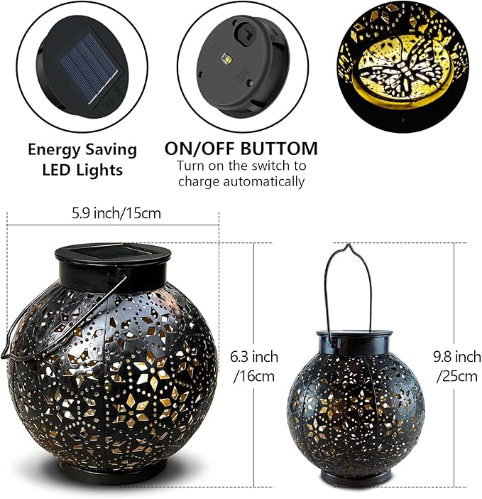 2 Pack Outdoor Solar Lantern Lights, Waterproof Tabletop LED Moroccan Lanterns, Hanging Metal Decorative Garden Lights for Patio, Lawn, Porch, Backyard-HomvellaHome