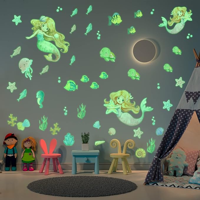 Glow in The Dark Stars Mermaid Wall Decals, Turtle Ocean Fish Stickers for Ceiling, DIY Wall Decor for Nursery Playroom Living Room, Birthday Christmas Gift-HomvellaHome