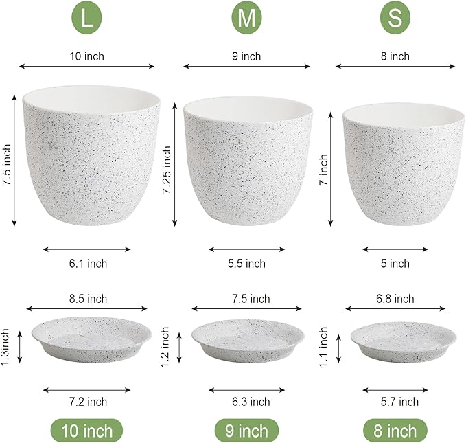 10/9/8 inch Medium Plant Pots, Set of 3 Modern Decorative Plastic Planters with Drainage Holes and Saucers for Garden House Plants, Flower Pots for Indoor Outdoor Plants, Speckled White-HomvellaHome