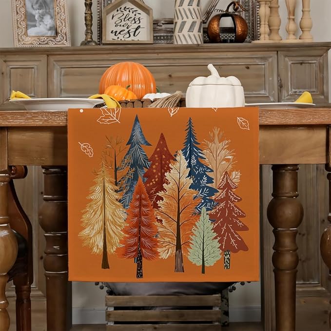 GEEORY Fall Watercolor Trees & Maple Leaves Table Runner 13x90 Inch, Rustic Farmhouse Autumn Thanksgiving Decor for Kitchen, Dining, Indoor/Outdoor Holiday Dinner Party Orange GT158-90-HomvellaHome