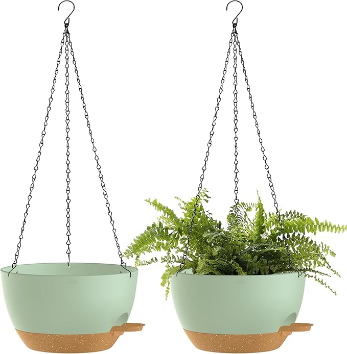 12 Inch Hanging Baskets 2 PC with Chains, Self-Watering Hanging Planters for Indoor Outdoor Plants, Plastic Hanging Flower Pots,Green Brown-HomvellaHome