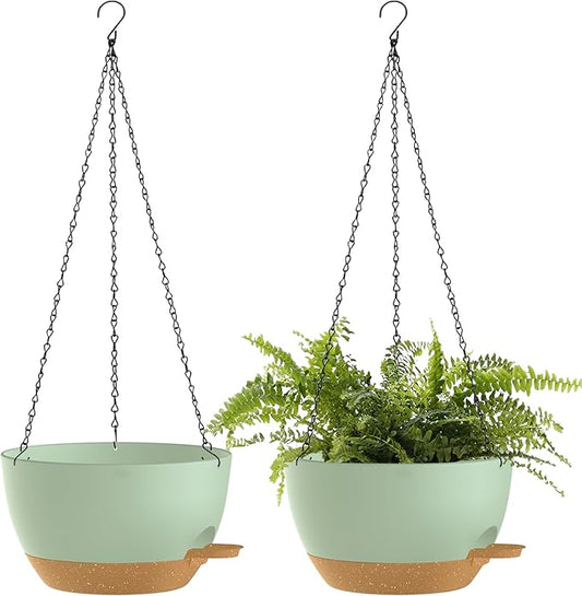 12 Inch Hanging Baskets 2 PC with Chains, Self-Watering Hanging Planters for Indoor Outdoor Plants, Plastic Hanging Flower Pots,Green Brown-HomvellaHome