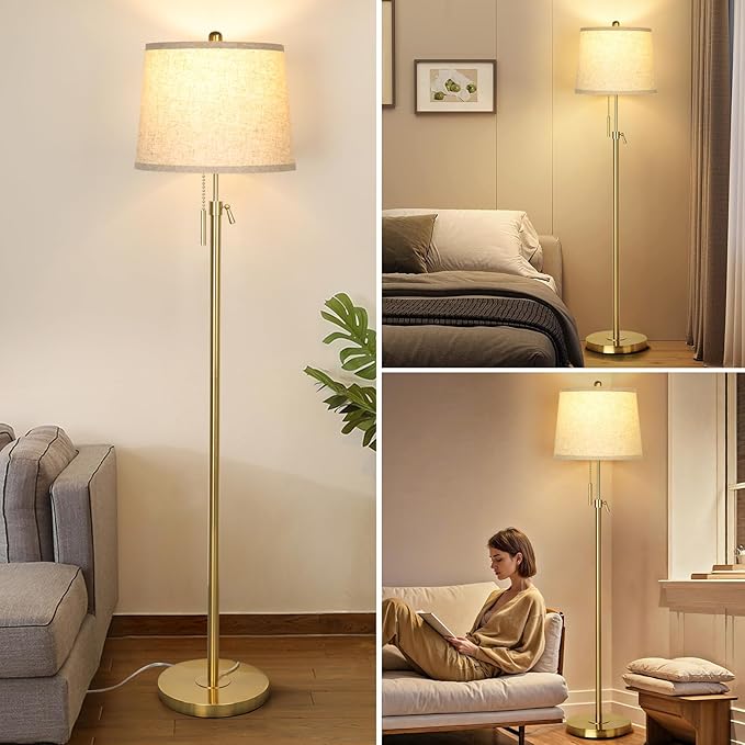 Gold Floor Lamp for Living Room 55-65" Adjustable Modern Brass Standing Lamp with Pull Chain Tall Pole Light with Beige Shade for Bedroom Reading Office Corner Nursery 9W LED Bulb Included 3 ColorTemp-HomvellaHome