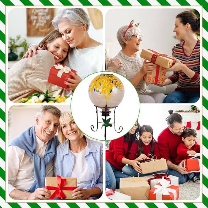 10" Diameter Solar Gazing Ball and 8.5" Metal Stand Indoor Outdoor Yard Art Ornament Coloful Spot Glass Globe Sphere Solar Gazing Balls for Garden,Lawn,Porch,Patio Birthday Gifts for Women,Mom-HomvellaHome