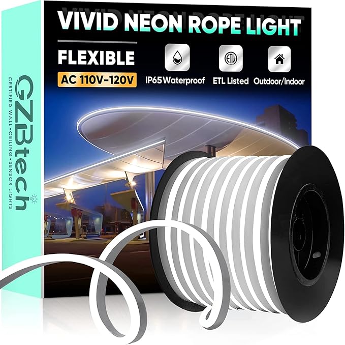 GZBtech Flexible LED Neon Rope Lights 82FT,AC 110-120V Waterproof Strip Light, 120 LEDs/M Cuttable Connectable Neon Lighting for Indoor Outdoor Home Decor/Commercial Building Use-Cold White 25M-HomvellaHome