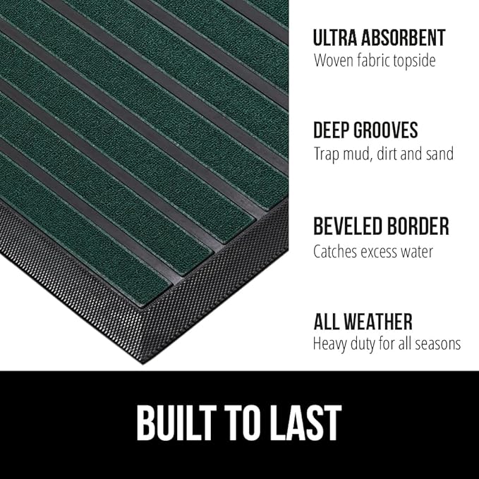 GORILLA GRIP 100% Waterproof All-Season WeatherMax Doormat US Designed Natural Rubber, Stain and Fade Resistant, Low Profile Indoor Outdoor Door Mats, Easy Clean Patio Mat, 23x35, Green Stripe-HomvellaHome