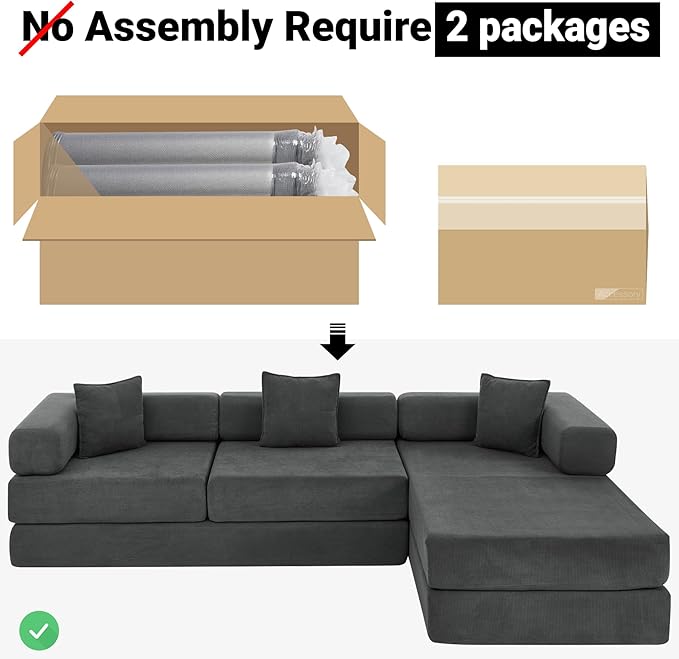 108" Oversized Convertible Sleeper Sofa Bed, Corduroy L Shape Sectional Couch, Folding Sofa Bed with Side Pocket, Modern Cloud Floor Mattress Couch, Modular Sofa for Living Room, Grey-HomvellaHome