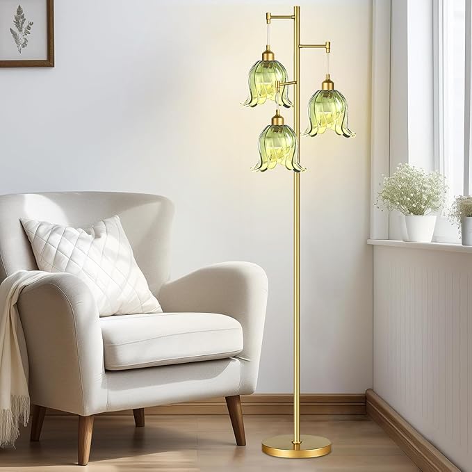 Gold Floor Lamp for Living Room,Bedroom,Tree 3 Light Standing Lamp Mid Century Modern Brass Tall Floor Lamps Vintage Retro Floor Lights Green Glass Flower Lamp Shade Farmhouse Boho Bohemian-HomvellaHome