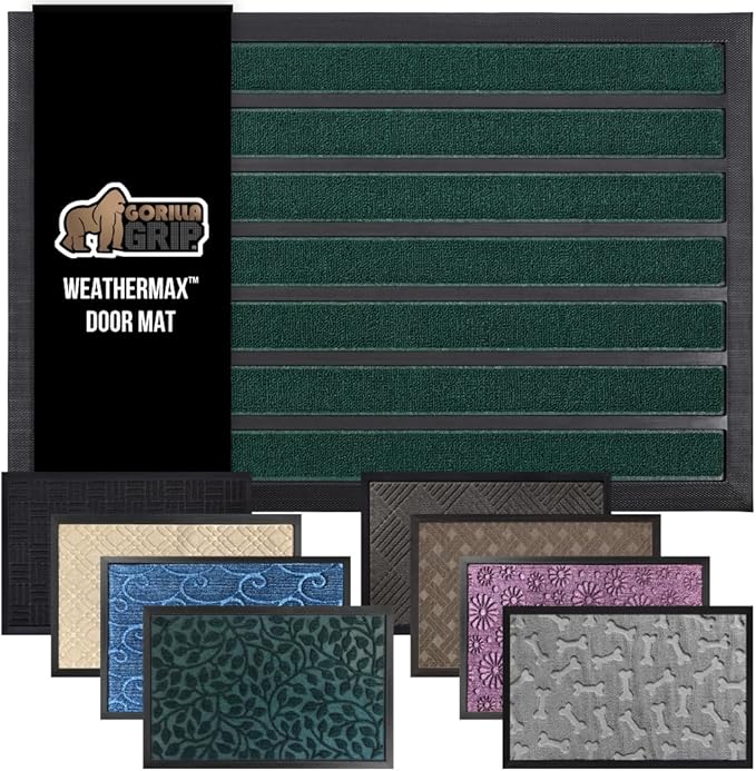 GORILLA GRIP 100% Waterproof All-Season WeatherMax Doormat US Designed Natural Rubber, Stain and Fade Resistant, Low Profile Indoor Outdoor Door Mats, Easy Clean Patio Mat, 23x35, Green Stripe-HomvellaHome