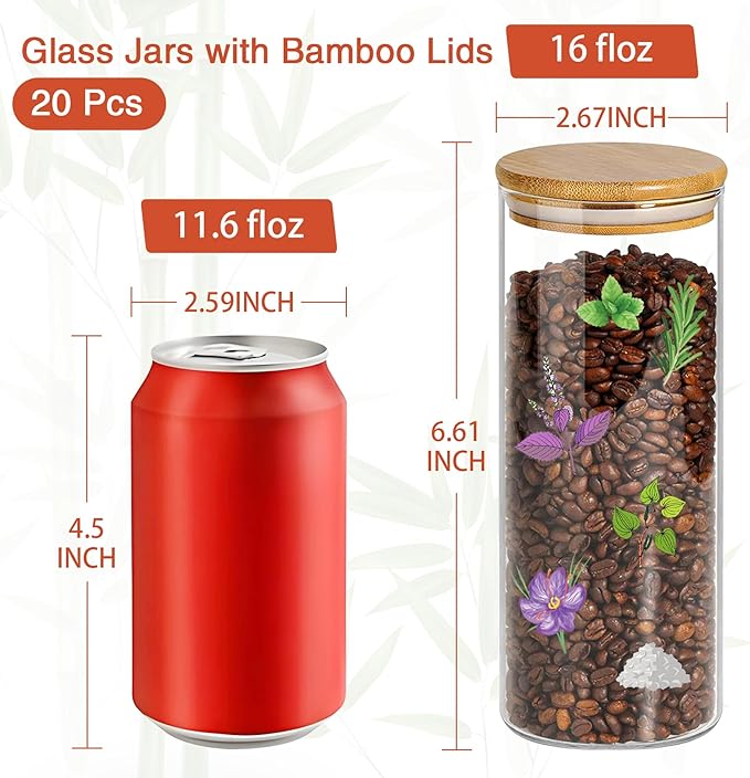 16 oz 20 pcs Glass Jars with Bamboo Lids, Stackable Clear Food Storage Jars, Airtight Kichen Glass Pantry Storage Containers with Lids for Rice, Candy, Sugar, Flour, Nuts, Cookie, Spice-HomvellaHome