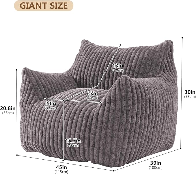Giant Bean Bag Chairs for Adults with Filling Plush Fluffy Bean Bag Chairs for Teens with Armrests Comfy BeanBag Lazy Couch Sofa Chair for Bedroom Living Room Reading-HomvellaHome