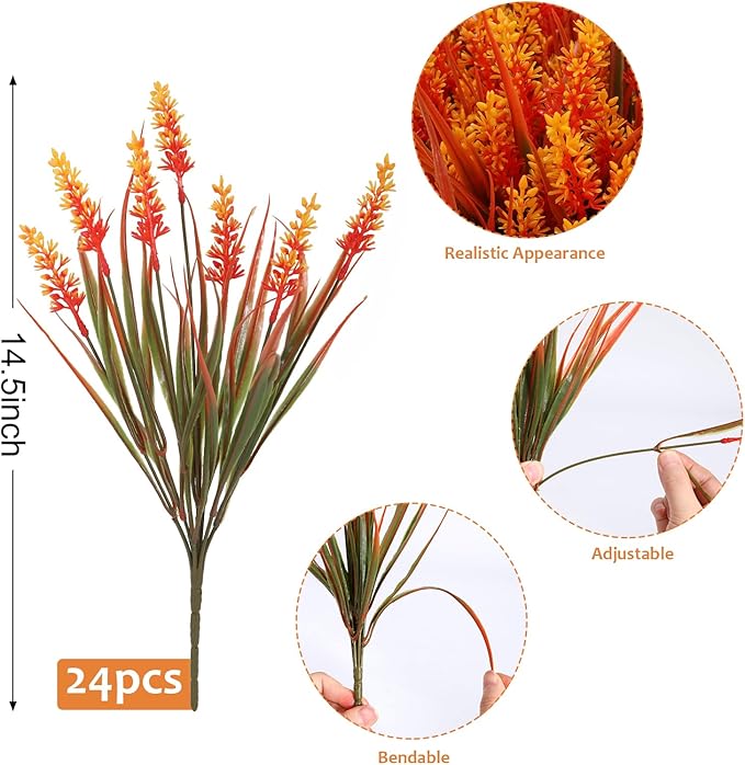 Geegoods Artificial Plants Flowers Outdoor – Faux Lavender Flowers with Monkey Grass UV Resistant Plastic Faux Plants for Garden Porch Window Patio Hanging Planter Home Decor (Autumn-Orange, 48PCS)-HomvellaHome
