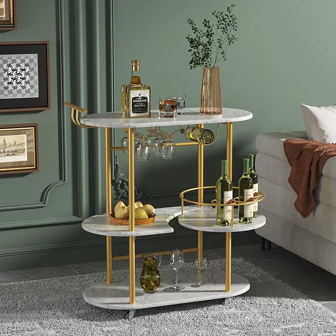 Gold Bar Carts with 4-Tier Storage Shelves, Mobile Bar Serving Cart with Wine Rack and Glass Holder, for The Home, Kitchen, Living Room, Dining Room-HomvellaHome