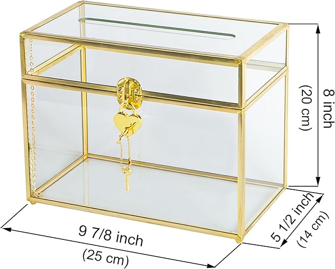 Glass Wedding Card Box with Slot, 10.2 inch Clear Card Box Gold Brass Gift Card Storage Box with Lock Perfect for Wedding Receptions, Baby Shower, Birthday Party, Bridal Shower-HomvellaHome