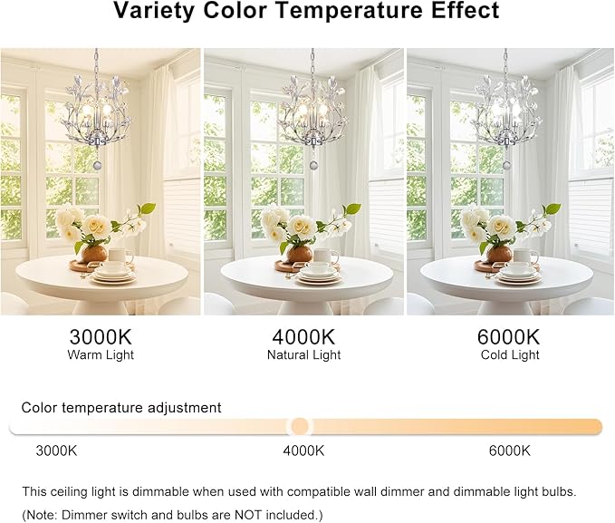 Ganeed 3-Light Branch Crystal Chandelier, Small Flush Mount Vintage Pendant Hanging Lighting, K9 Crystal Farmhouse Ceiling Light for Dining Room Bedroom Living Room Kitchen Hallway, Chrome Silvery-HomvellaHome