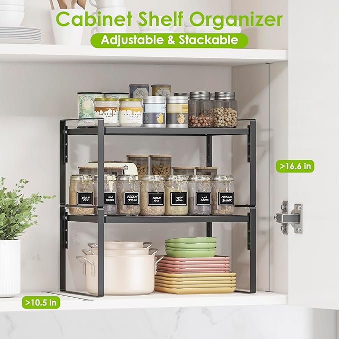 2 Pack Kitchen Countertop Organizer, Stackable Cabinet Shelf Organizer, 2 Tier Adjustable Kitchen Counter Shelves Riser For Pantry Cupboard Bathroom Organization And Storage, Desk Shelf,Spice Rack-HomvellaHome
