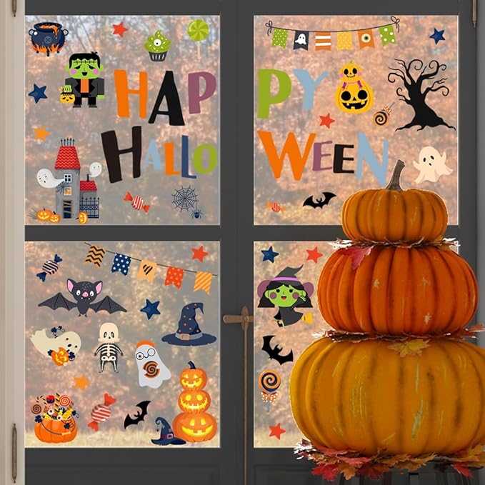 10 Sheets Halloween Window Clings Halloween Window Stickers Decorations Double-Sided Removable Castle Pumpkin Bat Glass Window Decals, Happy Halloween Window Clings for Kids Party Decorations-HomvellaHome