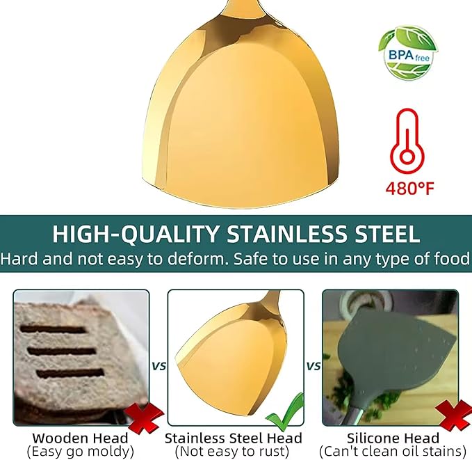 Generic Stainless Steel Kitchen Utensil Set, Spoon, Spatula, Pasta Server, Small Spatula (Green & Gold)-HomvellaHome