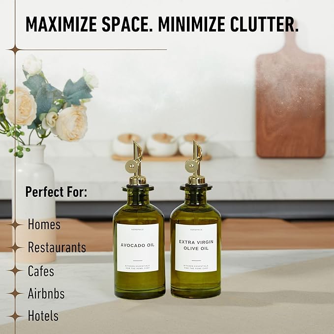 Green Glass Olive Oil Dispenser Bottle For Kitchen By Verpsace,Avocado Oil Dispenser Set, Modern Decor, Gold Kitchen Accessories for Home, Airbnb, Cafe (Gold, Set of 2)-HomvellaHome