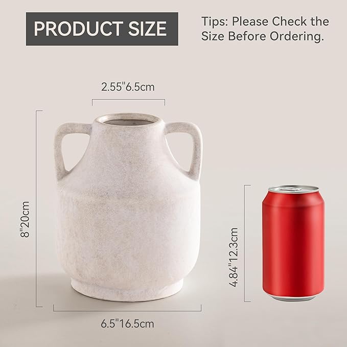 Mitt&Ditt Ceramic Flower Vase with Handles, 8 inch Tall Off-White Vase, Decorative Terracotta Vases, Farmhouse Rustic Pottery Vases for Home Decor, Living Room, Table-HomvellaHome