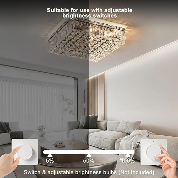 12-Lights Black Crystal Flush Mount Ceiling Light Fixtures,Elegant Crystal Chandelier Pendant Ceiling Lamp for Bedroom,Living Room,Dining Room,Hallway H5.9 x W20 x L20 (Bulb Not Included)Square-HomvellaHome