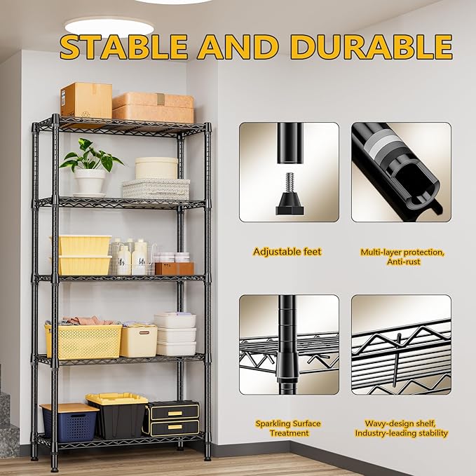 1250 lbs 5 Tier Shelf Metal Storage Shelves Shelving Wire Rack Heavy Duty Closet Organizers for Garage Kitchen Bathroom Laundry Black 15.7" D x 33.5" W x 68.5" H-HomvellaHome