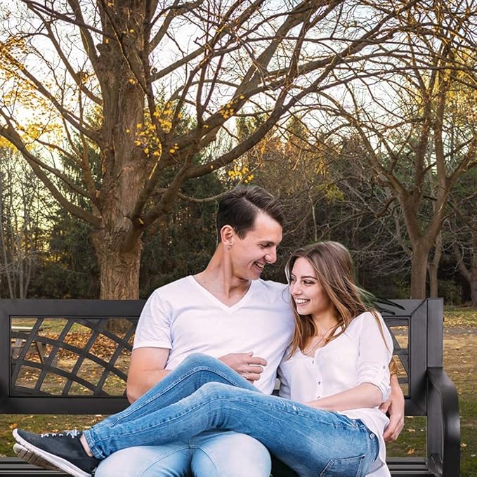 Garden Bench,Outdoor Benches,Iron Steel Frame Patio Bench with Mesh Pattern and Plastic Backrest Armrests for Lawn Yard Porch Work Entryway,Black-HomvellaHome