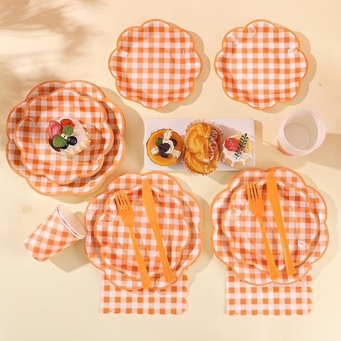 175 Pcs Orange and White Gingham Party Supplies - Orange Gingham Paper Plates and Napkins Sets Serve 25 - Scalloped Checkered Plates for Birthday Picnic Fall Halloween Thanksgivng Party Decorations-HomvellaHome