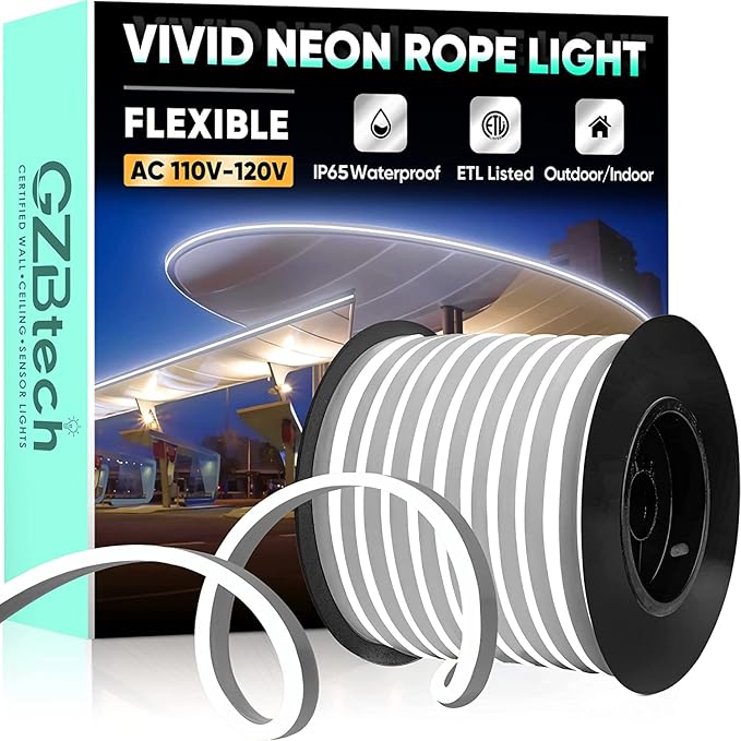 GZBtech Flexible LED Neon Rope Lights 100FT,AC 110-120V Waterproof Strip Light, 120 LEDs/M Cuttable Connectable Neon Lighting for Indoor Outdoor Home Decor/Commercial Building Use-Cold White 30M-HomvellaHome