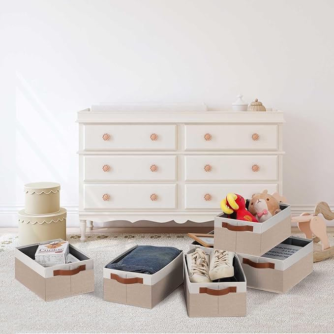 GhvyenntteS Small Fabric Storage Bins 6 Pack, 11.8" x 7.87" x 5.11" Storage Basket with Leather Handles, Closet Storage Bins for Shelves, Storage Baskets for Shelves, DVD Storage (Pink/White)-HomvellaHome