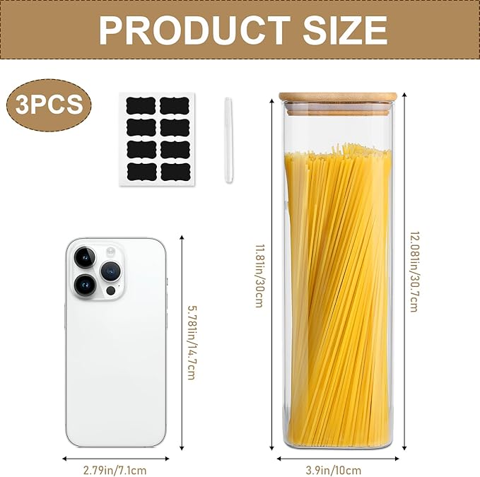 Glass Food Storage Jars with Lids(76oz)Square Set of 3 ,Glass Storage Containers Clear Glass Food Canister with Bamboo Lid Airtight For Serving Tea, Coffee Beans, Flour,Cookie, Cereal,Spice and More-HomvellaHome