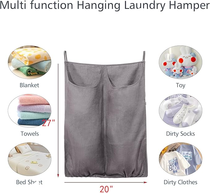 100% Pure Linen Dual Hanging Laundry Bag with 2 Deep Pocket and 2 Side Zipper 20x27in, Over The Door Laundry Hamper Space Saving Hampers for Dirty Clothes Home Travel, Grey-HomvellaHome