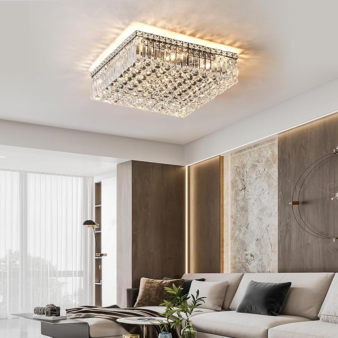 12-Lights Black Crystal Flush Mount Ceiling Light Fixtures,Elegant Crystal Chandelier Pendant Ceiling Lamp for Bedroom,Living Room,Dining Room,Hallway H5.9 x W20 x L20 (Bulb Not Included)Square-HomvellaHome