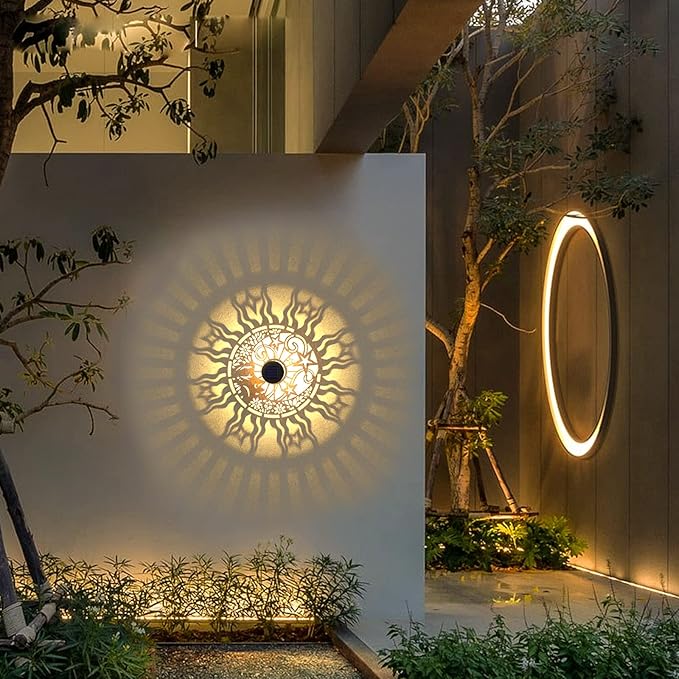 2 Pack Solar Fence Lights Metal Solar Powered Outdoor Wall Deck Lights Sun Moon Theme Waterproof Fence Light for Garden Post Patio Backyard Yard Decor (Face, 2 Pack)-HomvellaHome