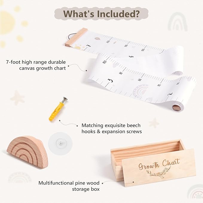 Growth Chart for Wall 7 Ft Height Chart with Keepsake Box & Hook Waterproof Canvas Measure Wall Ruler Removable Neutral Nursery Wall Decor for Baby Kids Toddlers-HomvellaHome