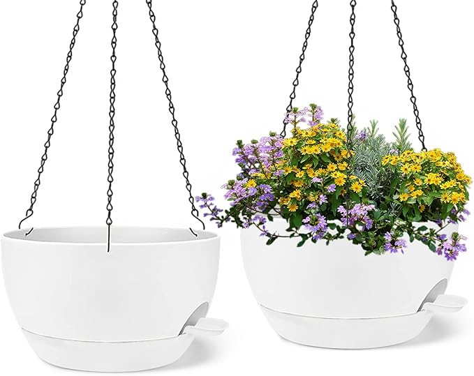 2 Pack 12 Inch Large Hanging Planters with Chains Self Watering White Plastic Hanging Pots for Indoor Outdoor Plants, Garden Porch Home Decor，White-HomvellaHome