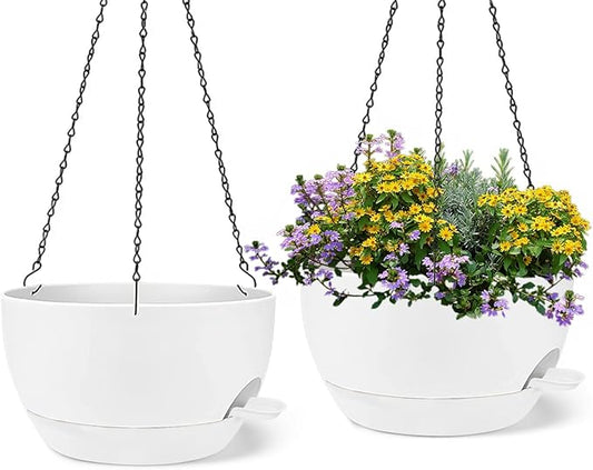 2 Pack 12 Inch Large Hanging Planters with Chains Self Watering White Plastic Hanging Pots for Indoor Outdoor Plants, Garden Porch Home Decor，White-HomvellaHome